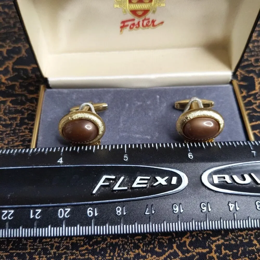 Vintage Foster USA Gold Tone Oval Cufflinks WrapARound Brown Stone Shirt Tux